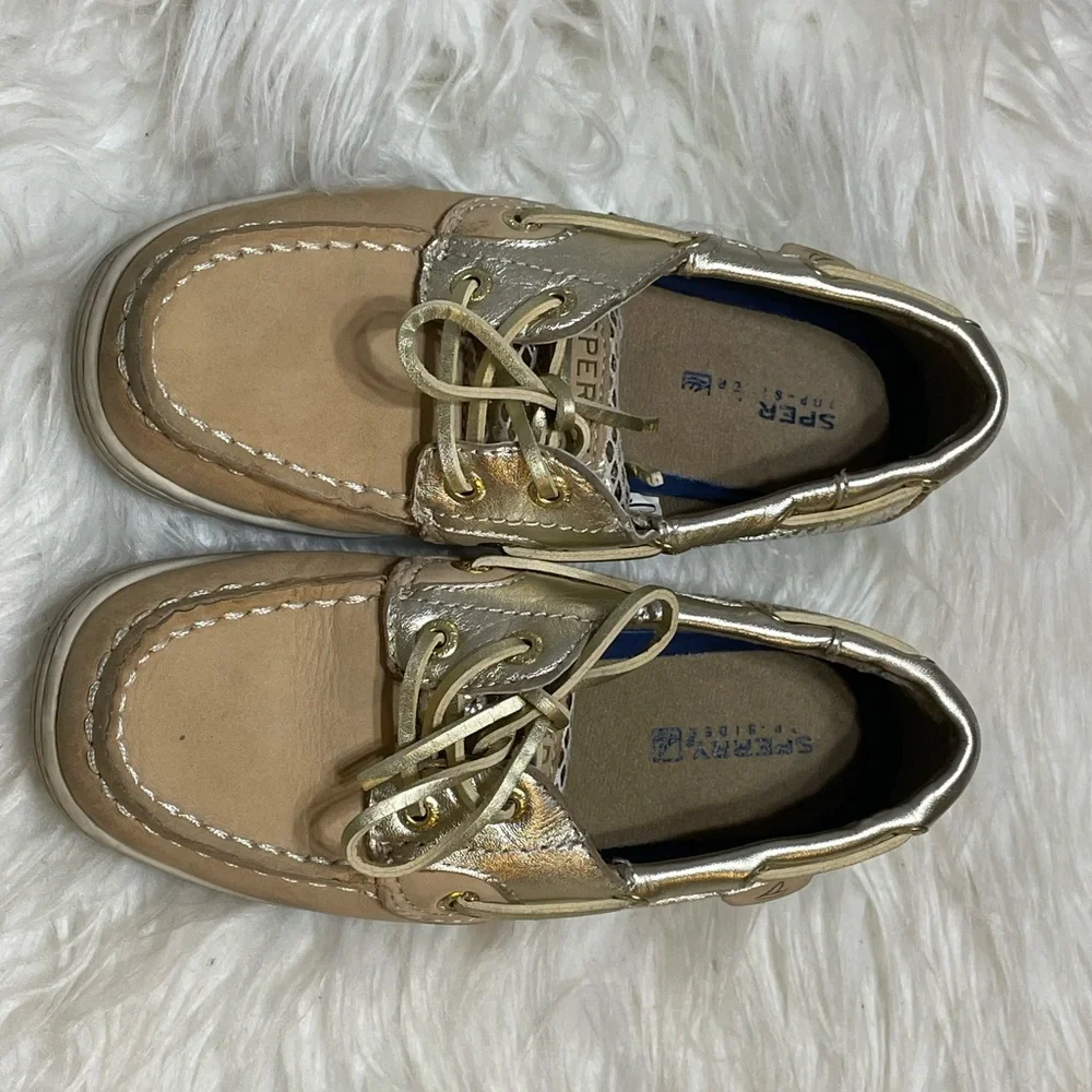 Sperry Blue Fish Gold and Tan Moccasin Boat Shoes